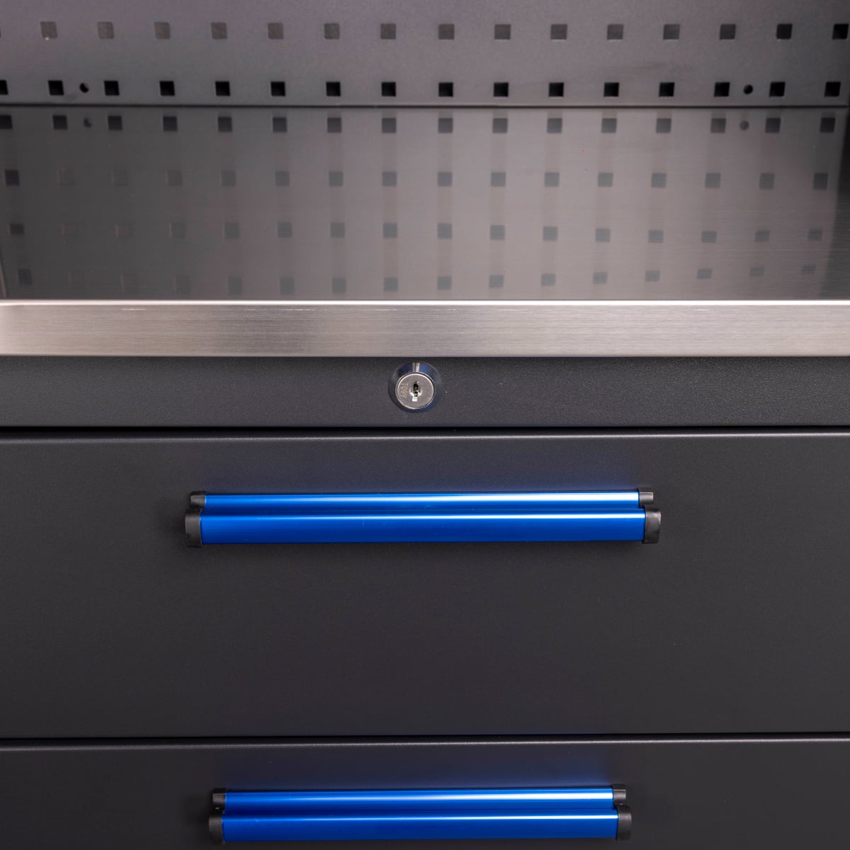 SGS 9pc Garage Storage System with Pegboard | Stainless Steel Worktop | 3x Floor Cabinets | 3x Upper Cabinets | 2x Tall Double Side Cabinets